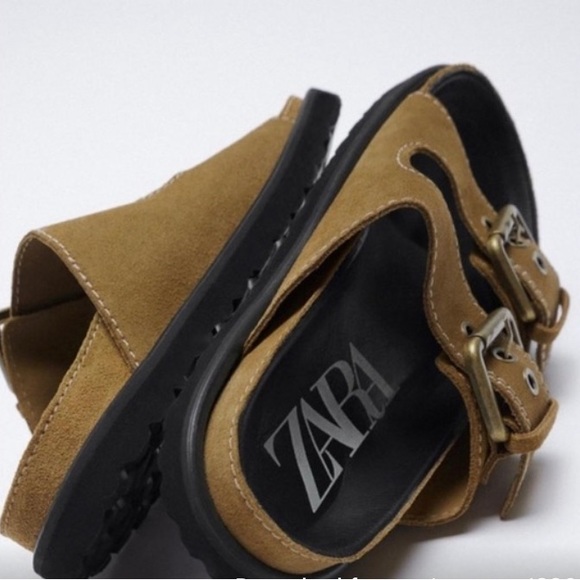 Zara Brown Buckled Leather Sandal Flats Sz 9 - Picture 5 of 7